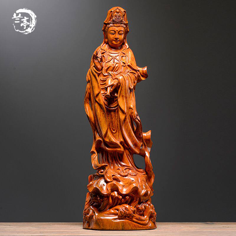 花梨木雕滴水观音佛像摆件实木雕刻观世音菩萨红木工艺品客厅供奉