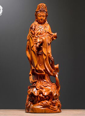 花梨木雕滴水观音佛像摆件实木雕刻观世音菩萨红木工艺品客厅供奉