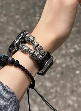 新中式民族风藏银串珠真皮表带适用Applewatch10苹果98SE真皮男女