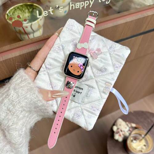 凯蒂猫蝴蝶结皮质表带适用s11/10苹果iwatch987se3小米9pro红米56