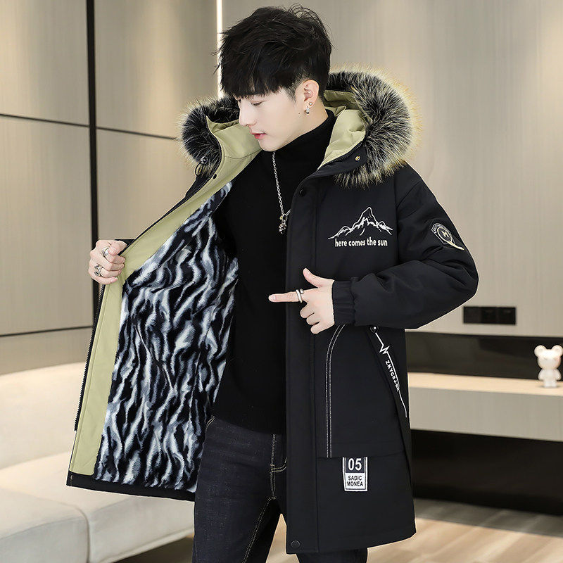 2025新款羽绒服男中长款加绒加厚保暖连帽派克服休闲棉衣冬季外套