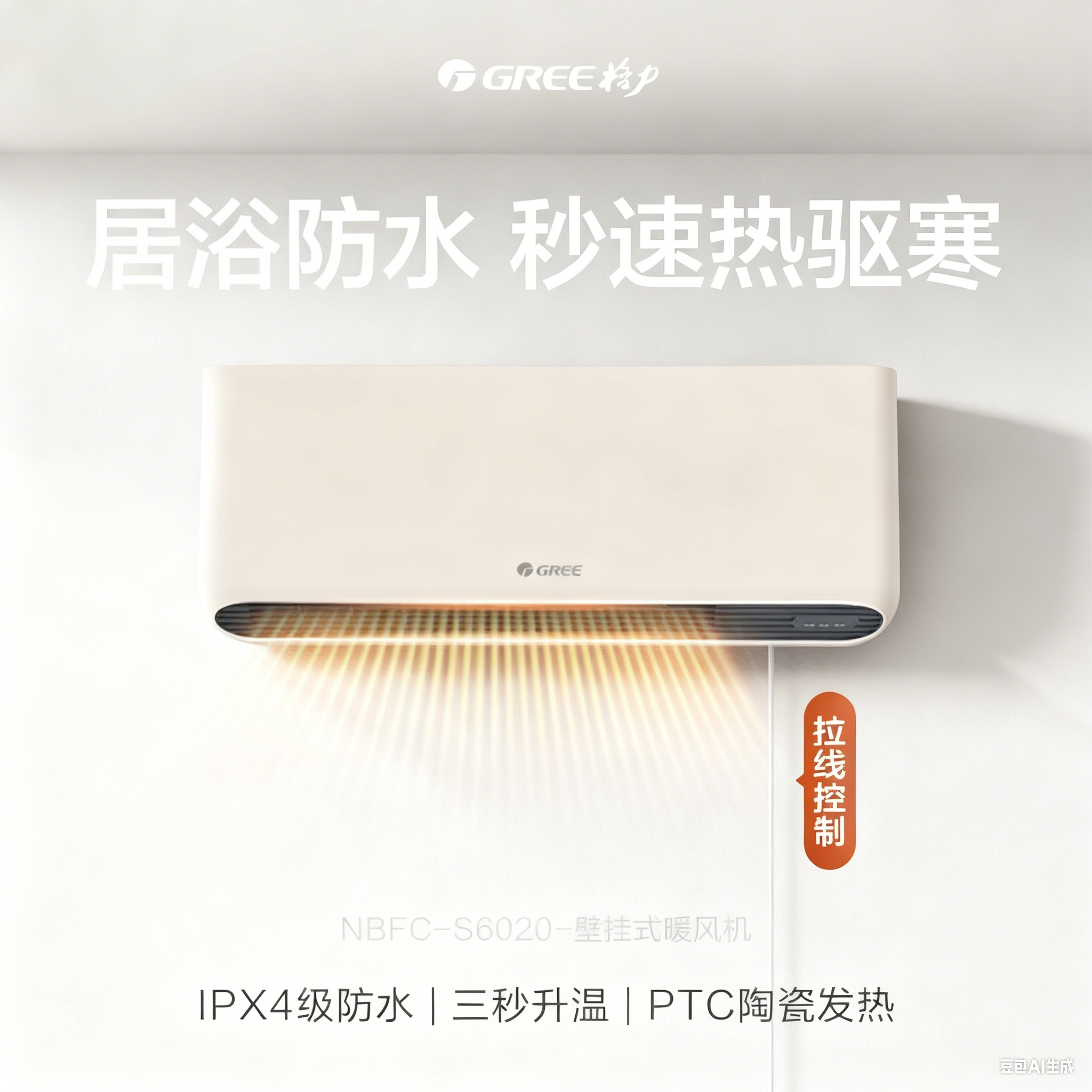 格力取暖器壁挂式浴室暖风机防水暖气居浴两用暖风机NBFC-X6020