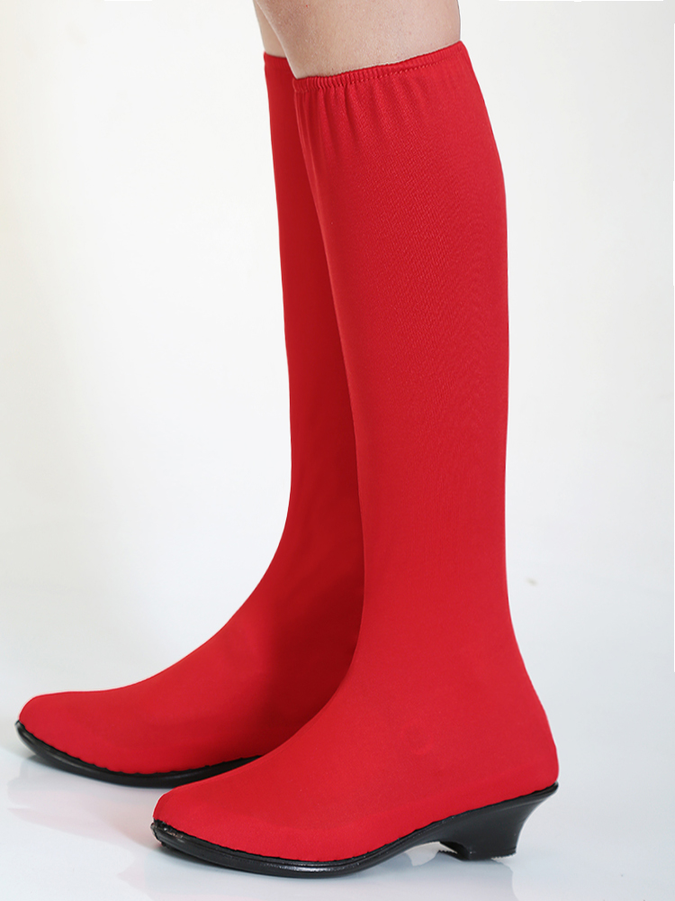 红色、黑色面料是氨纶弹力面料。金色、银色是牛筋面料。均有弹力   女款也有平跟哦，联系客服