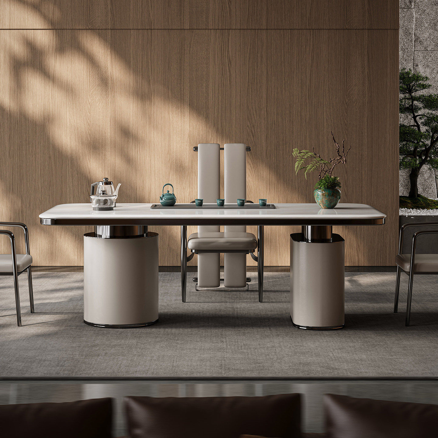 意式轻奢天然奢石茶台办公室家用一体高级感大理石极简茶桌椅组合