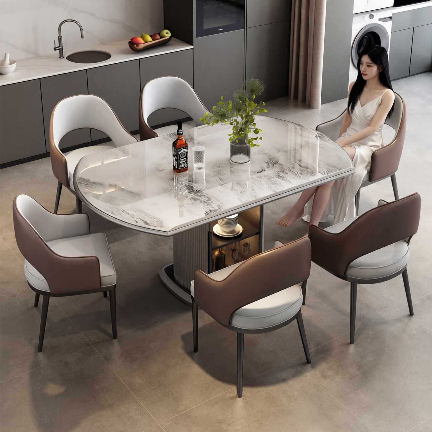 天然大理石意式轻奢伸缩折叠方圆两用餐桌小户型可储物微晶石桌椅