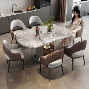 天然大理石意式 轻奢伸缩折叠方圆两用餐桌小户型可储物微晶石桌椅