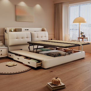 头层牛皮床双人储物软包真皮床平移气压1.8现代极简婚床主卧大床