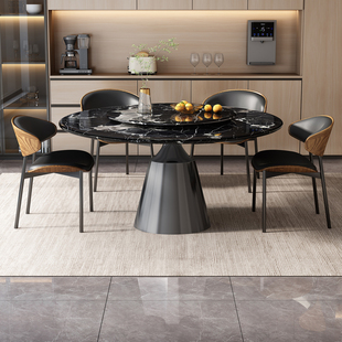 意式极简天然大理石圆形餐桌超晶石加厚高级感家用圆桌椅转盘组合
