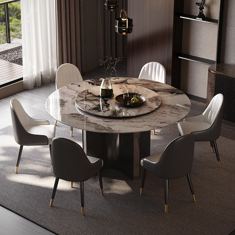 现代简约意式轻奢大理石餐桌大小户型超晶石圆餐桌餐厅饭桌椅组合