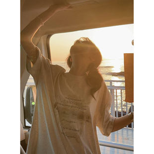 JMWOMEN 夕阳午茶 麻灰色复古印花中袖T恤女春季纯棉宽松圆领上衣