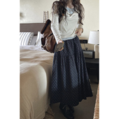 JMWOMEN藏蓝色复古碎花针织百褶高腰半身裙女秋季 宽松褶皱a字长裙