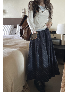 JMWOMEN藏蓝色复古碎花针织百褶高腰半身裙女秋季宽松褶皱a字长裙