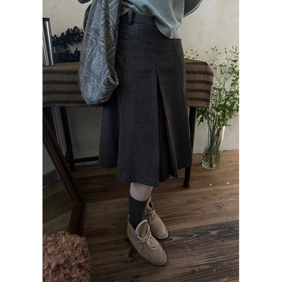 JMWOMEN咖棕色复古毛呢百褶高腰半身裙女2025冬宽松a字中长款裙子