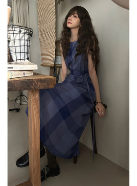 JMWOMEN gingham plaid蓝色格纹系带无袖连衣裙女夏季宽松a字长裙