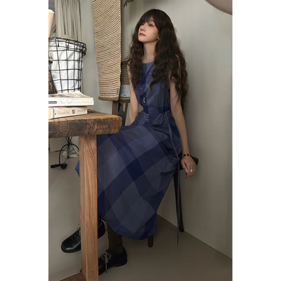 JMWOMEN gingham plaid蓝色格纹系带无袖连衣裙女夏季宽松a字长裙