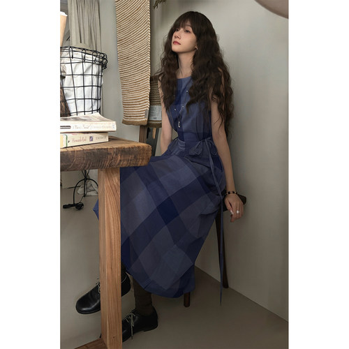 JMWOMEN gingham plaid蓝色格纹系带无袖连衣裙女夏季宽松a字长裙