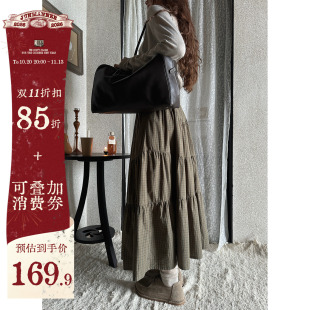 JMWOMEN 橄榄绿格子抽褶分层高腰半身裙女秋宽松a字森系长款塔裙