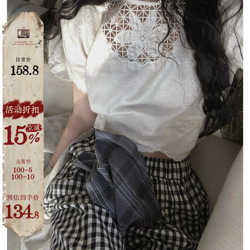 JMWOMEN复古刺绣亚麻短袖T恤