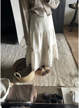 JMWOMEN原创复古刺绣碎花高腰半身裙女秋季宽松柔软肌理感a字长裙