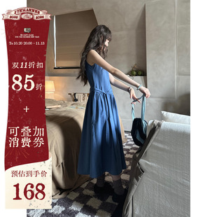 JMWOMEN 蓝色法式绑带v领细格子无袖连衣裙女夏季宽松a字收腰长裙