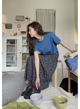 JMWOMEN 属于春天的蓝 克莱因蓝棉短袖T恤女夏季宽松百搭圆领上衣