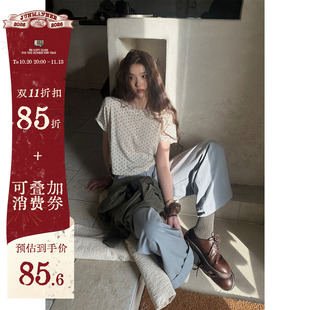 JMWOMEN〔蛋壳米灰〕蓝色小星蕊 米白色碎花正肩短袖T恤女夏上衣