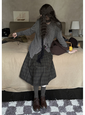 JMWOMEN棕绿格纹毛呢百褶半身裙女冬季加厚宽松复古a字中长款裙子