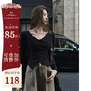 黑色显瘦弹力修身V领长袖打底衫T恤女秋冬木耳边设计感内搭上衣
