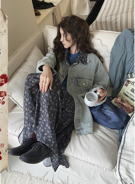 JMWOMEN 蓝色复古牛仔外套女春秋新款宽松碎花领口短款百搭上衣