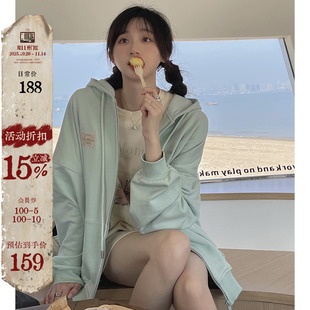 jmwomen绿色连帽卫衣外套女小个子宽松2025春秋日系慵懒开衫 上衣