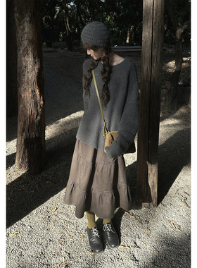 JMWOMEN送毛线帽 苔藓灰复古慵懒微镂空毛衣女冬加厚宽松软糯上衣