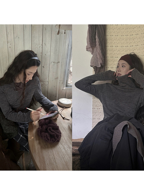 JMWOMEN可翻纽扣复古格子高领长袖T恤女冬季加厚修身显瘦内搭上衣