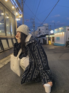 jmwomen藏蓝色碎花羊羔毛加绒加厚外套女冬季日系复古百搭上衣