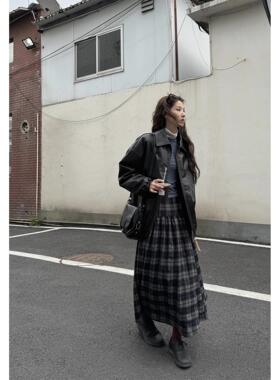 JMwomen 雾蓝调拼接格子半身裙女春秋中长款复古宽松高腰a字长裙