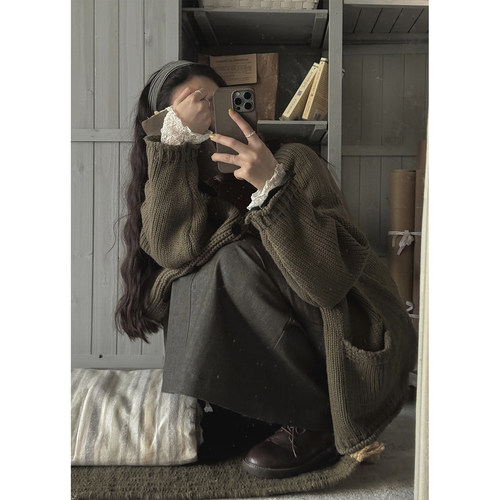 JMWOMEN比熊巧克力 复古可翻高领针织毛衣女秋季软糯慵懒开衫外套