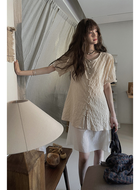 JMWOMEN森林之域 米黄色复古棉质短袖衬衫女夏薄款宽松中长款上衣