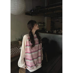 JMWOMEN 粉桃氧气 粉色简约条纹圆领卫衣女秋季宽松慵懒长袖上衣