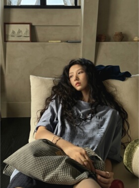 JMWOMEN 卡布里蓝 蓝色简约字母短袖T恤女2025夏纯棉宽松慵懒上衣