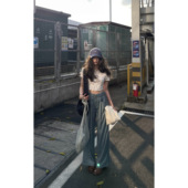 女春宽松休闲长裤 JMWOMEN 复古褶边直筒高腰阔腿西裤 可拆 腰带