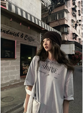 JMWOMEN 傍晚时刻 布朗灰色复古字母短袖T恤女夏宽松oversize上衣