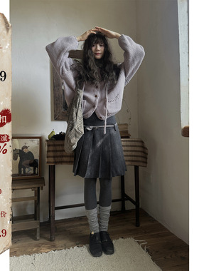 JMWOMEN淡薰衣草紫色 复古麻花领针织毛衣女冬季加厚宽松软糯外套