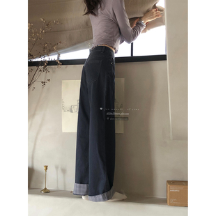 JMWOMEN“墨尔灰雾蓝 可翻格子”复古直筒高腰牛仔裤女秋阔腿长裤