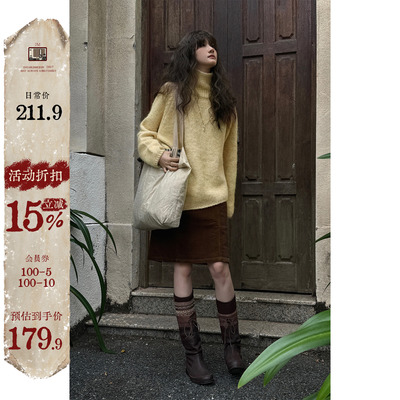 JMWOMEN 多巴胺鹅黄色高领毛衣女秋冬加厚宽松软糯不规则下摆上衣