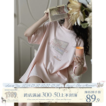 JMwomen 粉色印花短袖T恤女夏季美式复古半袖体恤小个子宽松上衣