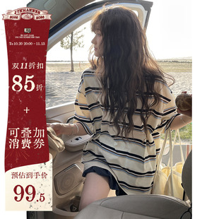 JMWOMEN黑蓝条纹中袖T恤女夏季韩版宽松oversize圆领纯棉短袖上衣