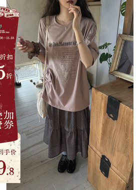 JMWOMEN 木质云紫色 粉调紫做旧字母印花短袖T恤女夏宽松圆领上衣