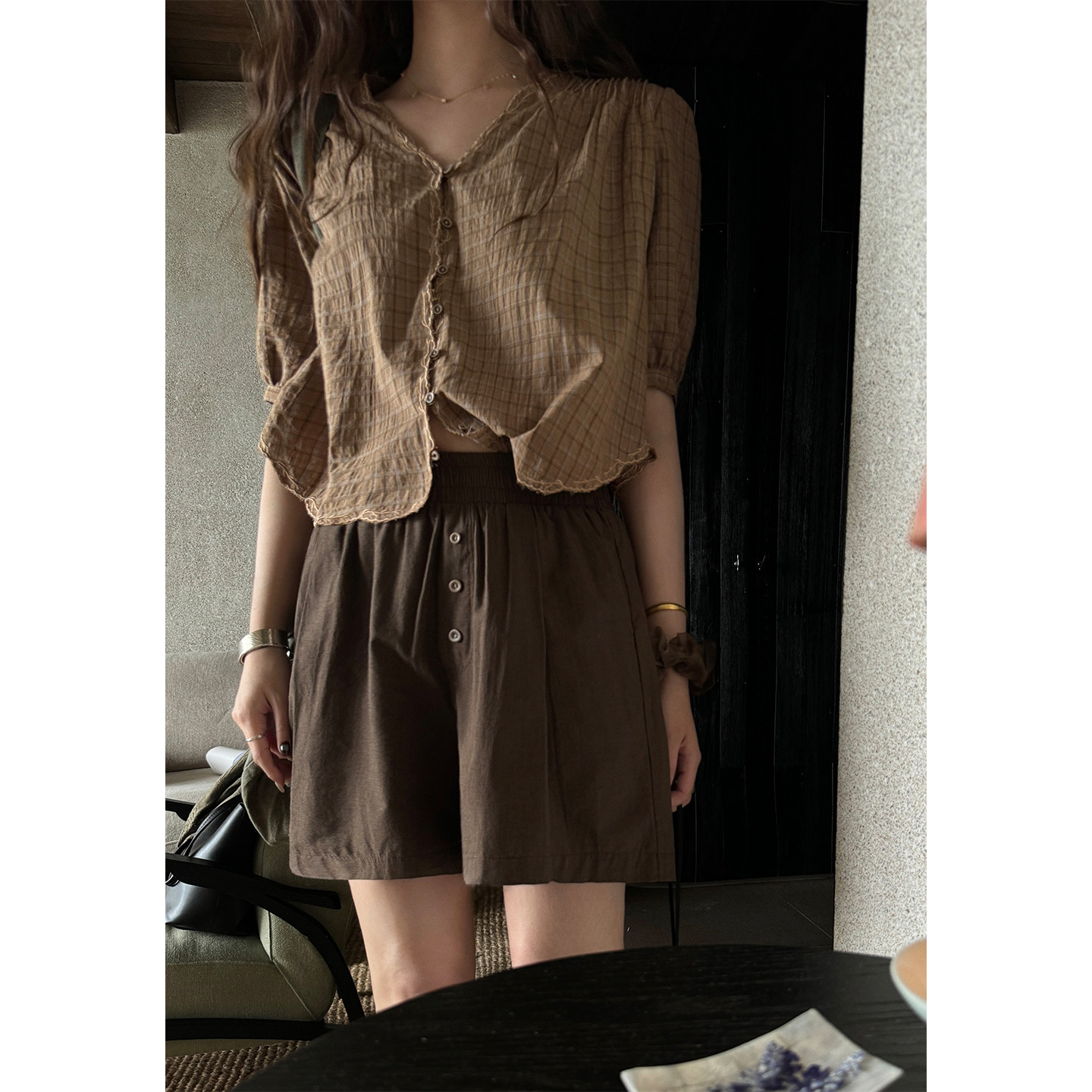 JMWOMEN"很细的棕色格子" 纽扣装饰直筒高腰休闲裤女夏季阔腿短裤