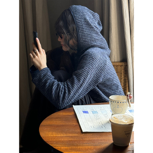 JMWOMEN 磨毛柔棉 蓝色条纹简约连帽长袖T恤女冬宽松慵懒套头上衣