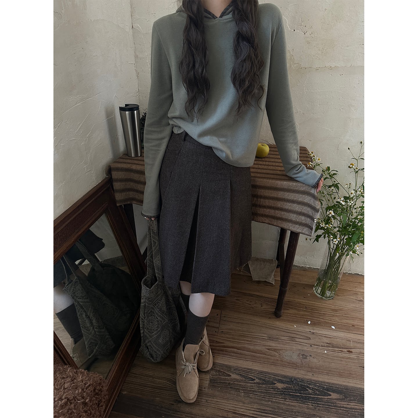 JMWOMEN 帽沿格子包边 复古简约连帽长袖T恤冬修身显瘦百搭打底衫