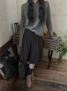 JMWOMEN 帽沿格子包边 复古简约连帽长袖T恤冬修身显瘦百搭打底衫